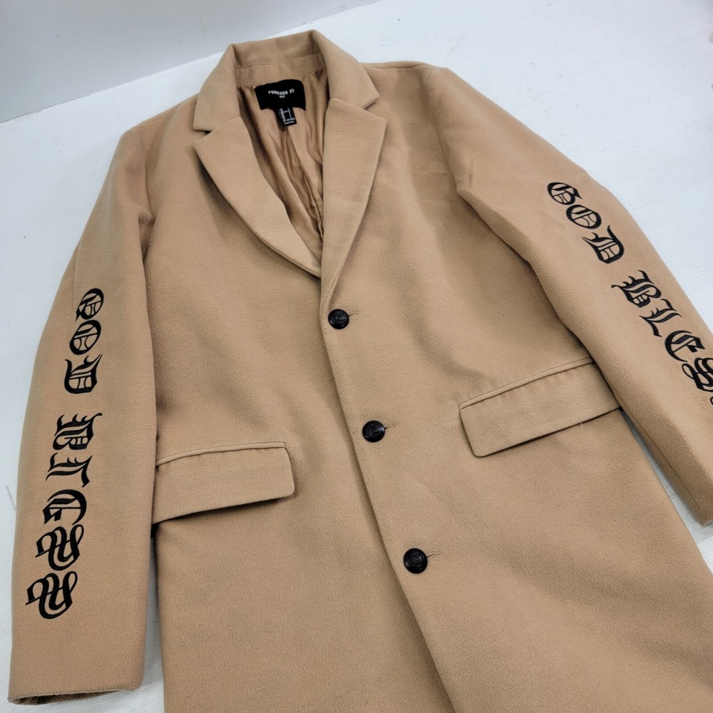 Forever 21 Faux Wool Tan Beige "God Bless" Trench Coat Buttons Men's Sz L EUC